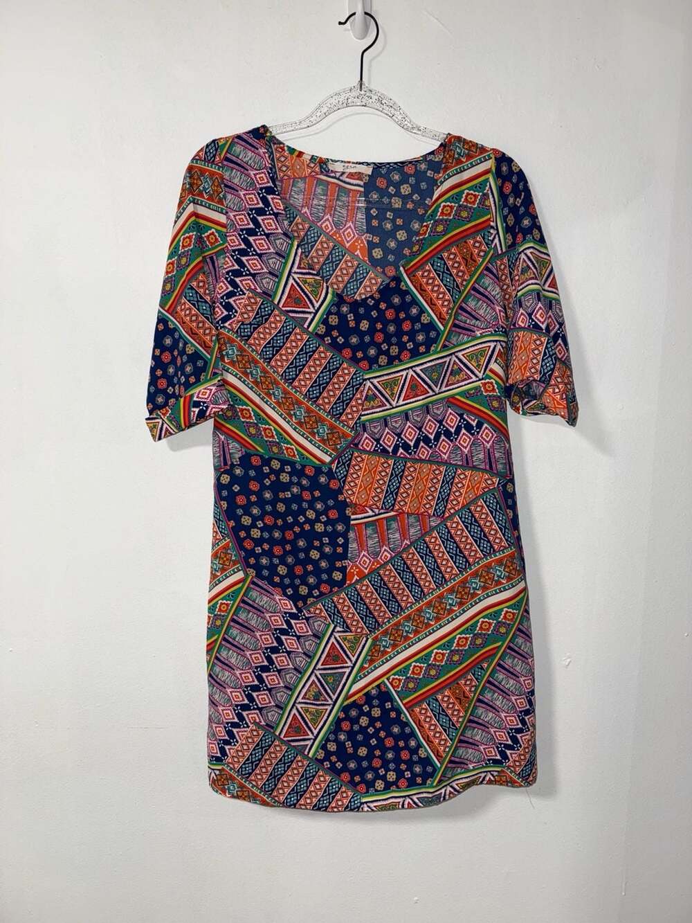 Chico's Multi-Color Geometric Patchwork Print Shift Dress Size S